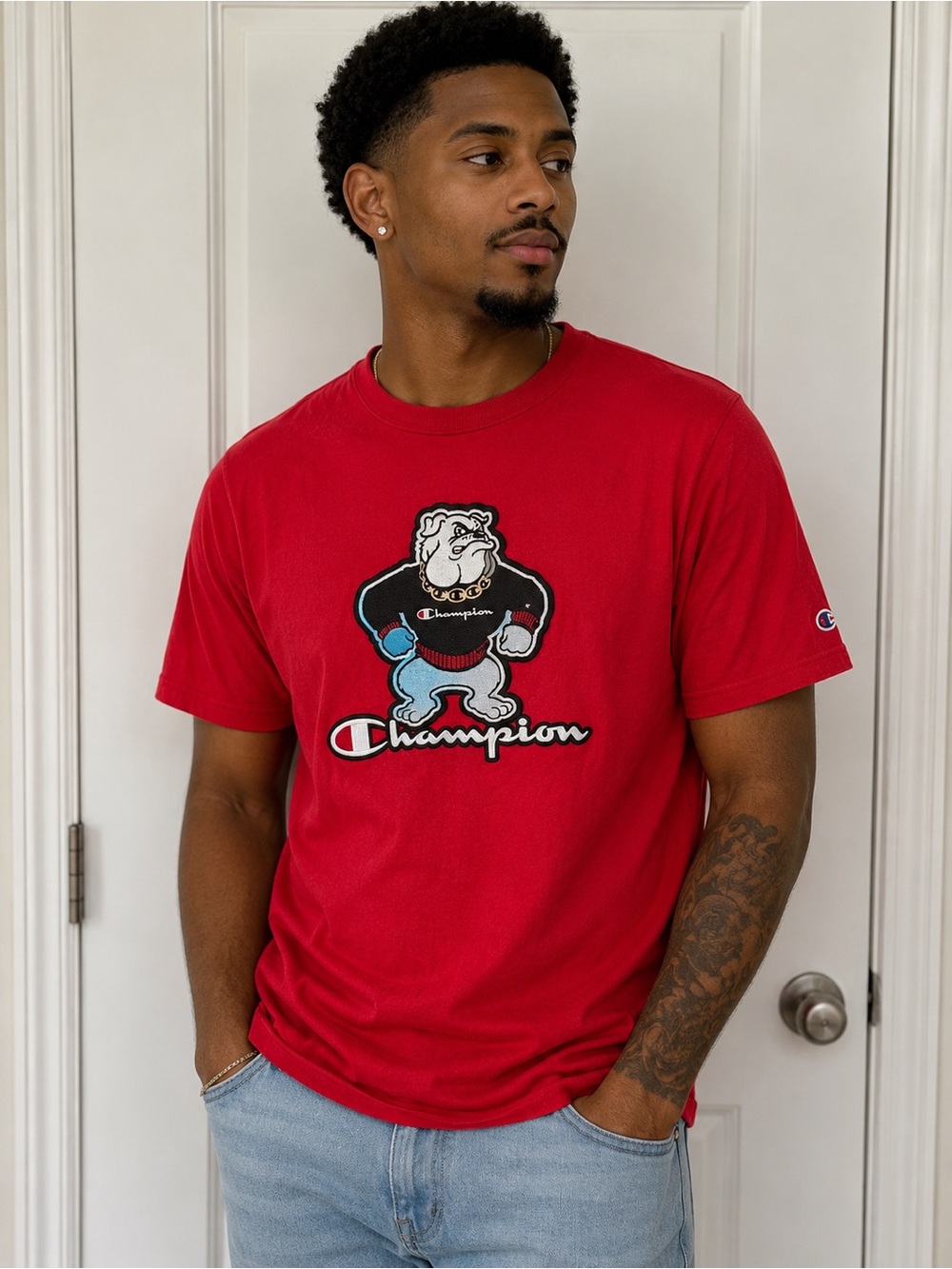 Champion Red Short-Sleeve T-Shirt with Bulldog Graphic